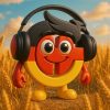 Featured cover image for the song "Als HelloGerman klein war". This image illustrates the HelloGerman logo in 3D wearing headphones standing at a beautiful wheat scene.