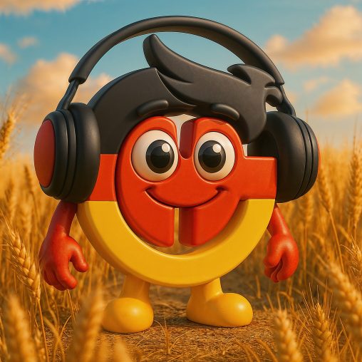Featured cover image for the song "Als HelloGerman klein war". This image illustrates the HelloGerman logo in 3D wearing headphones standing at a beautiful wheat scene.