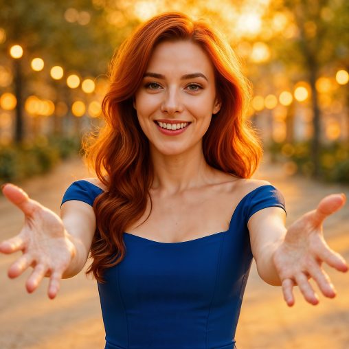 Cover image for the HelloGerman song "HelloGerman wird da sein". Lisa with long red hair wearing a royal blue dress stands in a sunlit park at golden hour, extending her arms in a welcoming gesture.