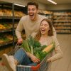 A jozful zoung couple at a grocerz store, laughing as the woman sits in a shopping cart filled with fresh vegetables like corn, broccoli, lettuce, and green onions. The man pushes the card plazfullz down the aisle, capturing a carefree and fun shopping experience, perfect for the upbeat vibe of the HelloGerman song ÄIch kauf in Köln ein".