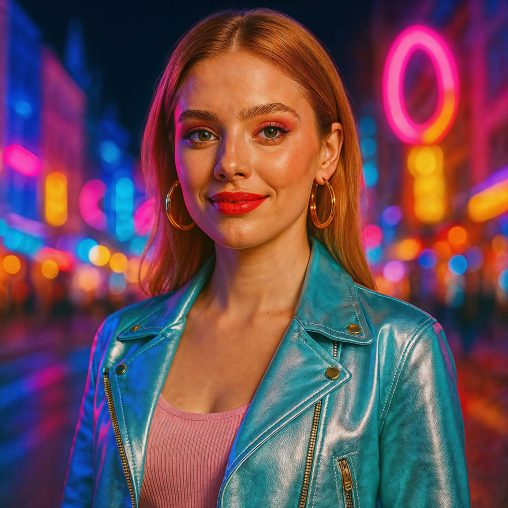HelloGerman Music song thumbnail for the song "Sag du oder Sie". The image shows a young beautiful blond lady wearing a turquois colored jacket. The background is featured with neon lights.