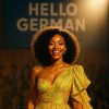 Featured image of a beautiful African style woman walking on stage with HelloGerman label in the background. This is the cover image for the song "Mit HelloGerman werde ich ein Model"