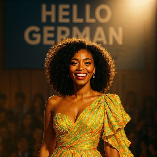 Featured image of a beautiful African style woman walking on stage with HelloGerman label in the background. This is the cover image for the song "Mit HelloGerman werde ich ein Model"