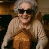 This image is the cover image of the HelloGerman Music song "Oma Renate tanzt im Garten". A grandma with grey hair wearing sunglasses and holding a big cake with the shape of a house in her hands. The cake has a label "Sitzhaus".