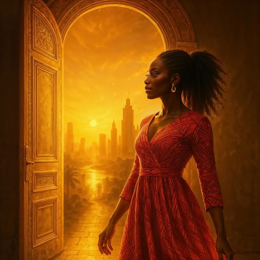 A woman in a patterned red dress stands confidently in a golden doorway, gazing toward a futuristic city skyline bathed in sunrise light. The scene symbolizes vision, transformation, and the unfolding of dreams — reflecting the theme of the HelloGerman Music song “Was ich sehe, wird wahr” ("What I see becomes real").