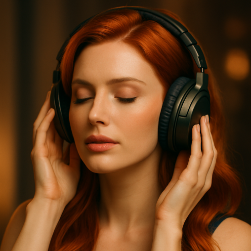 A serene red-haired woman in a dark top enjoying music with closed eyes and over-ear headphones, conveying calm focus. Thumbnail image for the HelloGerman song "Mit HelloGerman im Ohr"