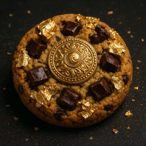 Image with a delicious and priceless chocolate biscuit covered with gold. Used as the cover for the HelloGerman song "Ich will nen fetten Schokokeks".