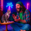 Cover image or thumbnail of the HelloGerman song "Ich muss 'ne Runde chill'n". It is showing a confused man talking to a cat. In the background are beautiful neon lights.