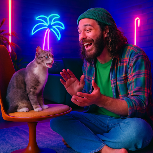 Cover image or thumbnail of the HelloGerman song "Ich muss 'ne Runde chill'n". It is showing a confused man talking to a cat. In the background are beautiful neon lights.